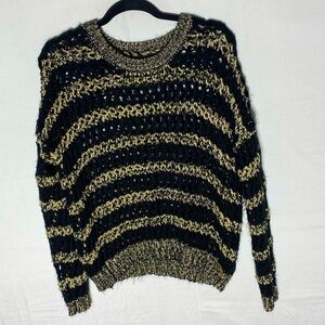 Vintage Y2K Guess Striped Black and Gold Loose Knit Crew Neck Sweater M